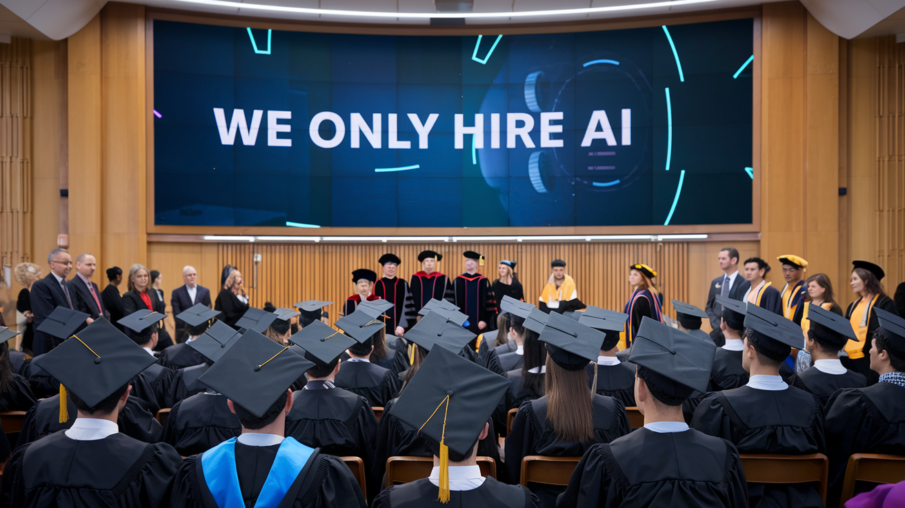 A photo of a futuristic Harvard MBA graduation amid the threat of AI