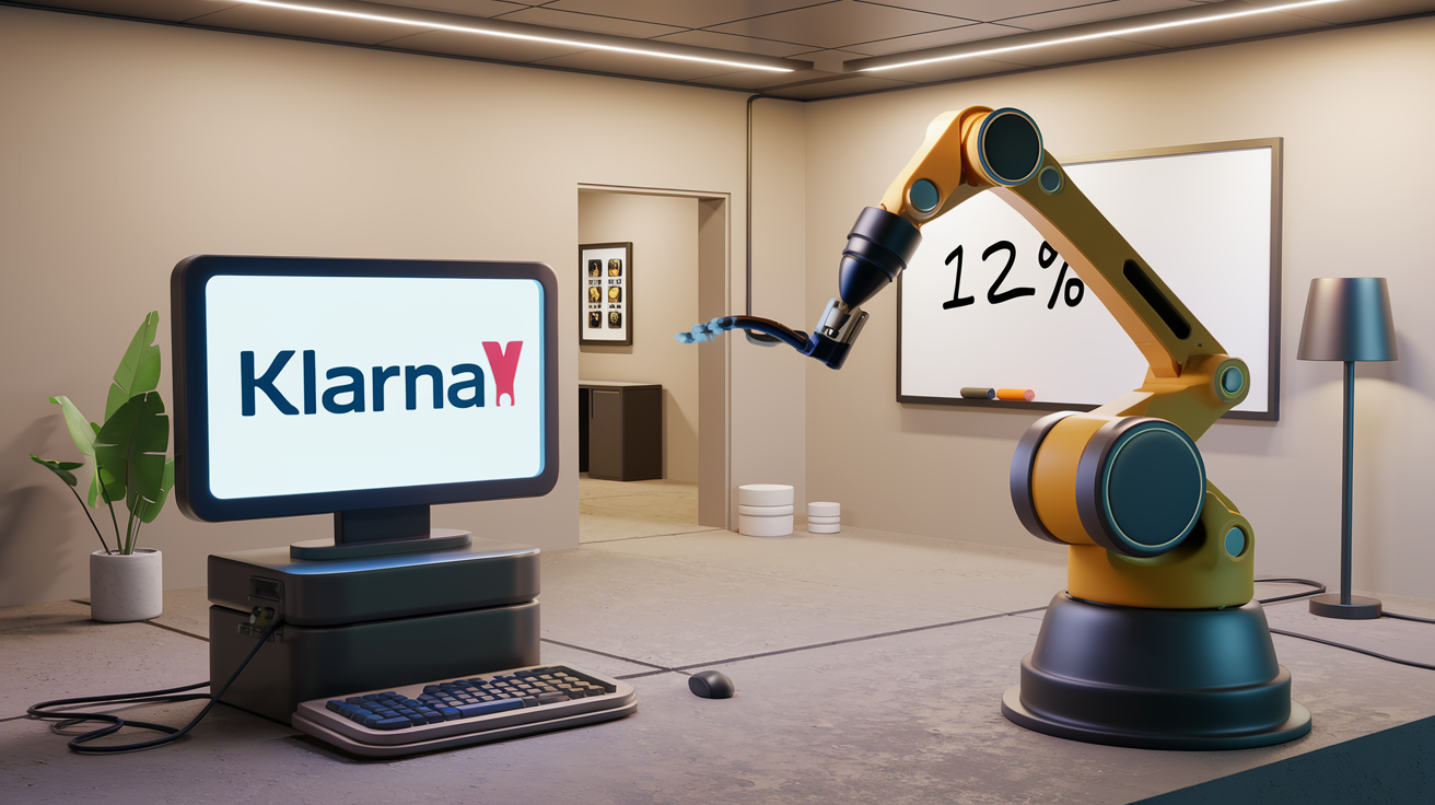 A 3D render of a room with a computer screen displaying Klarna's logo.