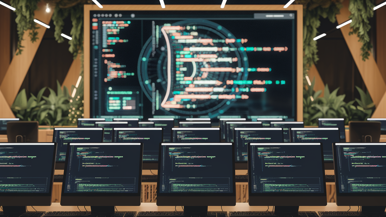 A futuristic scene with a room filled with computers. Each computer monitor displays a unique AI-generated code.