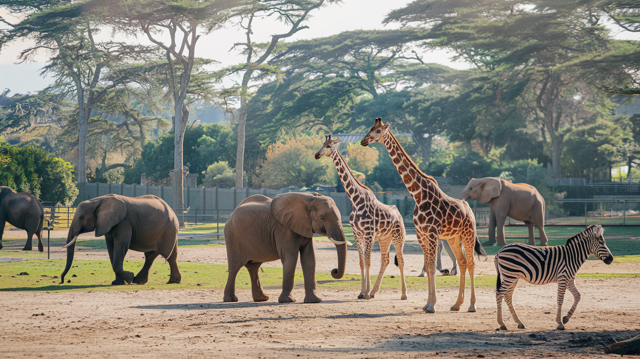 A photo of a wildlife sanctuary with a variety of animals.