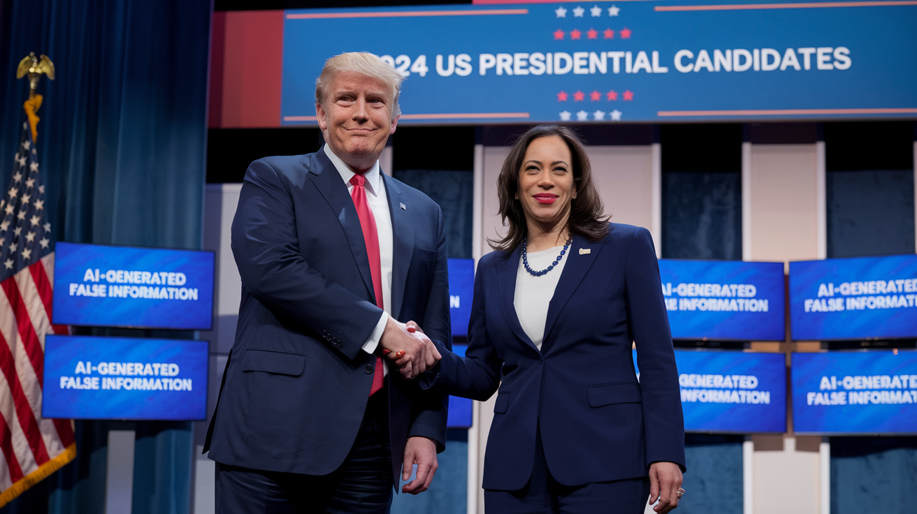 A photo of Donald Trump and Kamala Harris standing together, shaking hands.