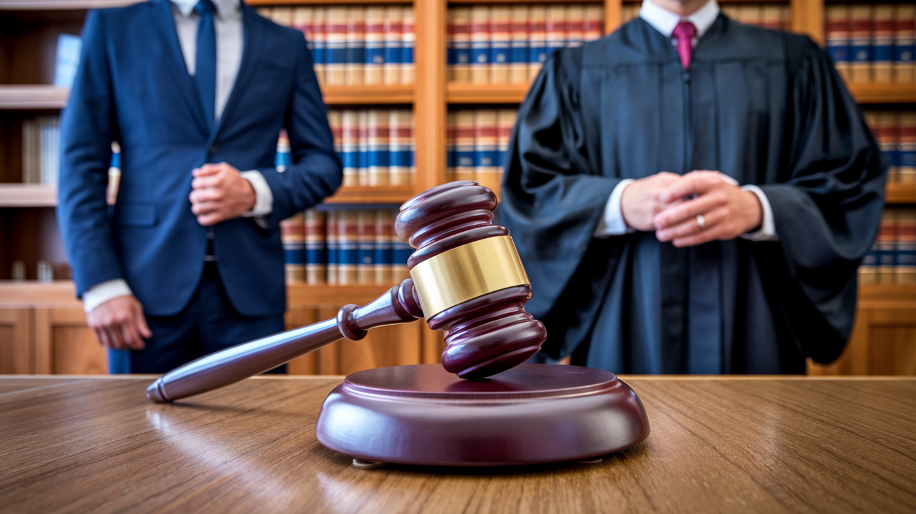 A courtroom scene with a gavel on the bench. There are two figures standing.