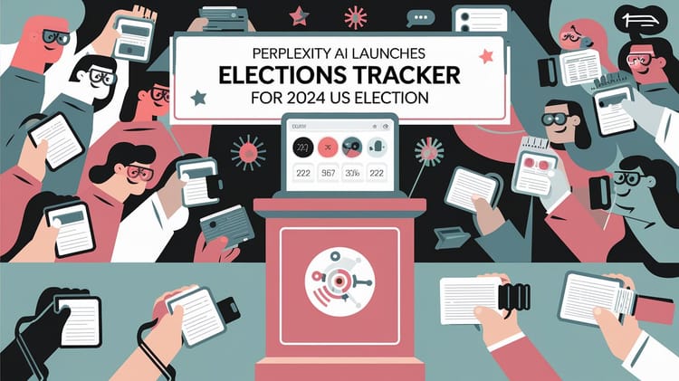 A digital illustration of a launch event for Perplexity AI's Elections Tracker.