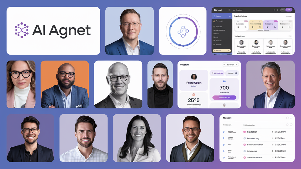 A collage of AI Agnet's logo and images of various successful CEOs and company founders using AI Agnet.