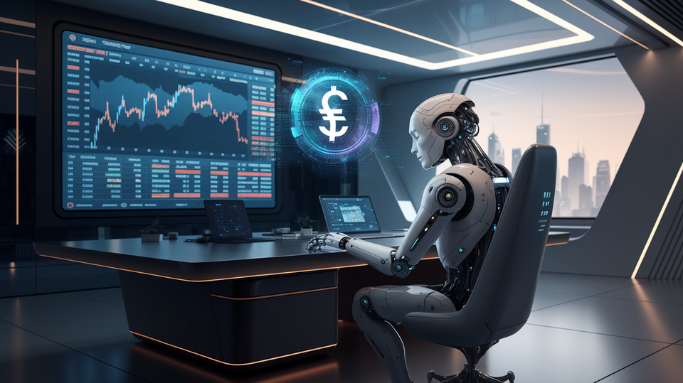 A digital illustration of a futuristic AI robot with a large screen displaying stock market data.