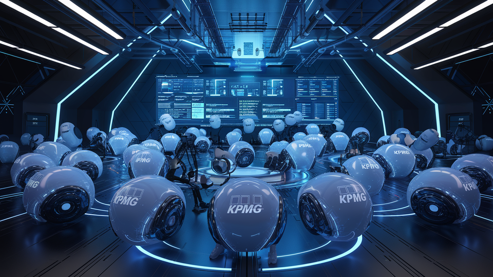 A large group of artificial intelligence agents work together in a high-tech, futuristic room.