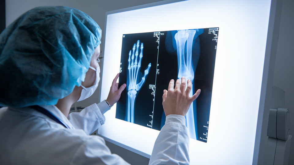 A photo of a medical professional reviewing an X-ray image on a lightbox.