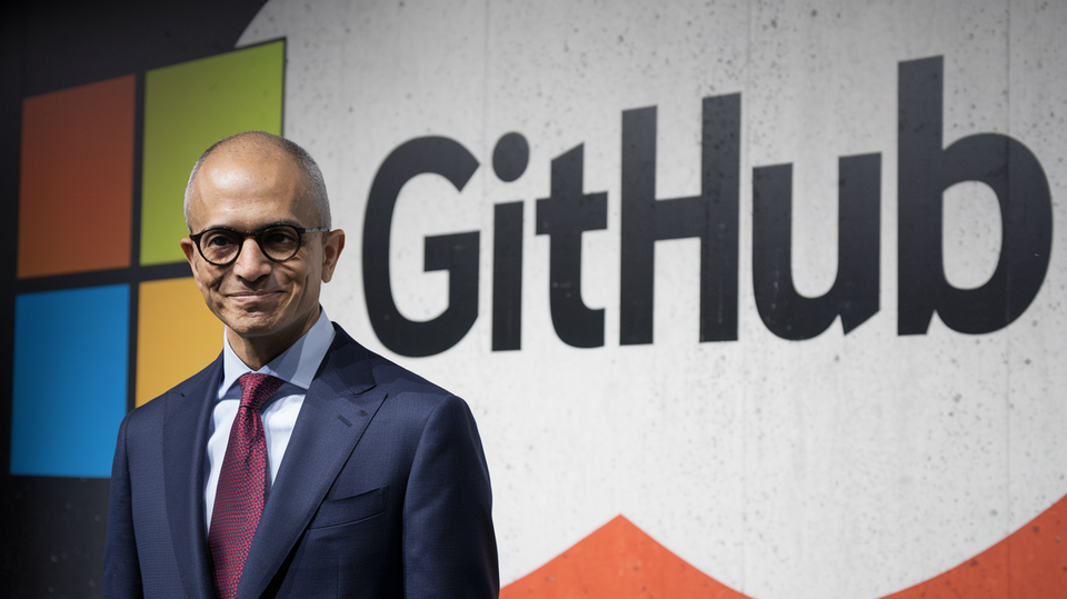 A photo of Microsoft CEO Satya Nadella standing in front of a wall with the GitHub logo on it.