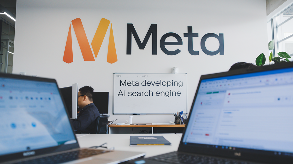 A photo of the Meta logo on the wall of their office with the text "Meta Developing AI Search Engine".