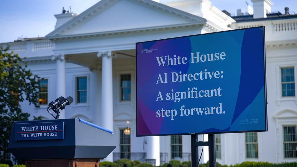 A photo of the White House with a podium in front of a large screen. 