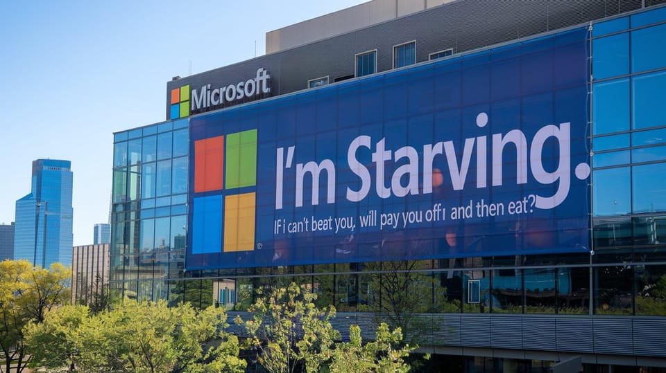 A photo shows a Microsoft building with a large banner that reads "I'm Starving."