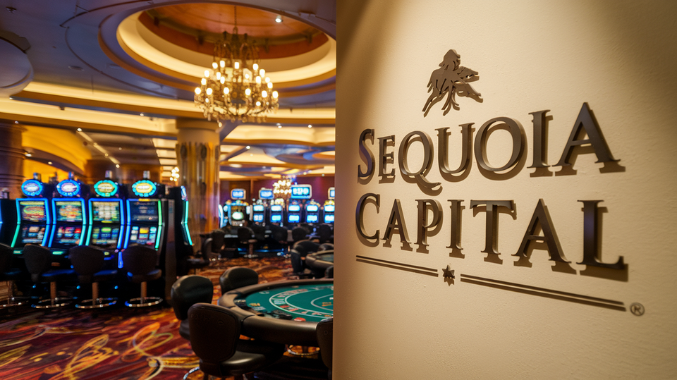 A photo of the Sequoia Capital logo on a wall, with a casino background.